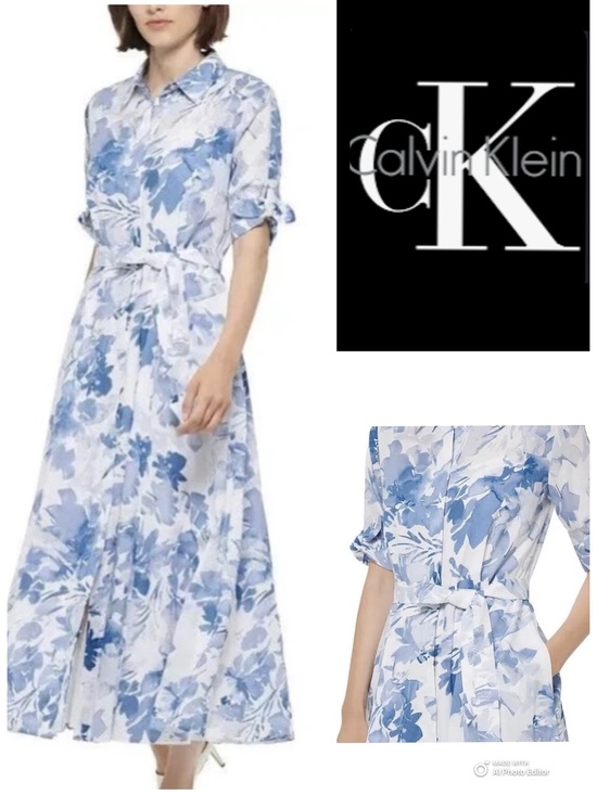 Calvin Klein Dresses & Skirts - Calvin Klein Blue and White Floral Midi Shirt Dress
